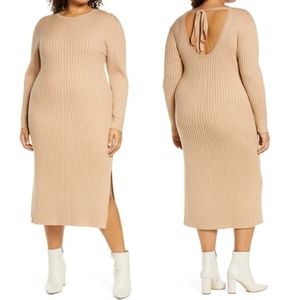Wayf X‎ BFF Hollie Long Sleeve Side Slit Camel Ribbed Sweater Dress XL